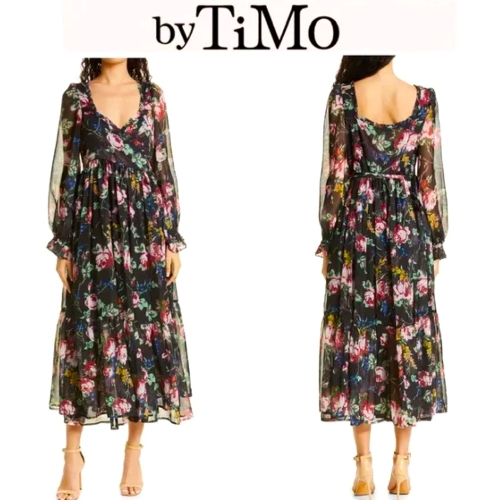 NWT - ByTimo Floral Wrap Bodice Long Sleeve Chiffon Dress
